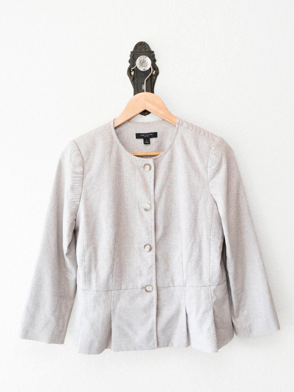 Ann Taylor Petite 6P Beige Linen Blend Jacket Top Peplum Button Front